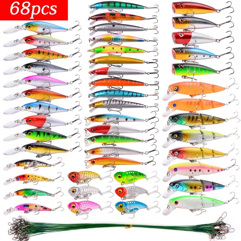 

New Long Cast Sinking Reflective Full Set 68 Pcs Minnow Popper VIB Artificial Fishing Lures Kit Freshwater Saltwater Bass Tackle