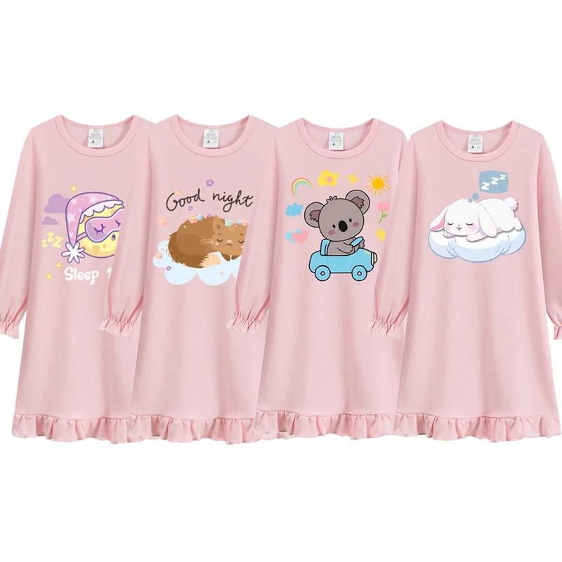 Little Hand Girls Long Sleeve Nightgowns Toddler Cotton Sleep Shirts Butterfly Sleepwear Cat Animal Nightdress for 3-10 Years