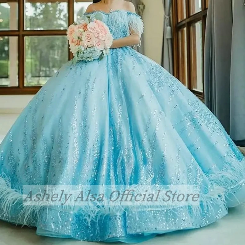 Customized Shinny Feather Quinceanera Dresses Women Communion Sweet 16 Prom 15th Girls Birthday Party Dress Vestidos De XV Años