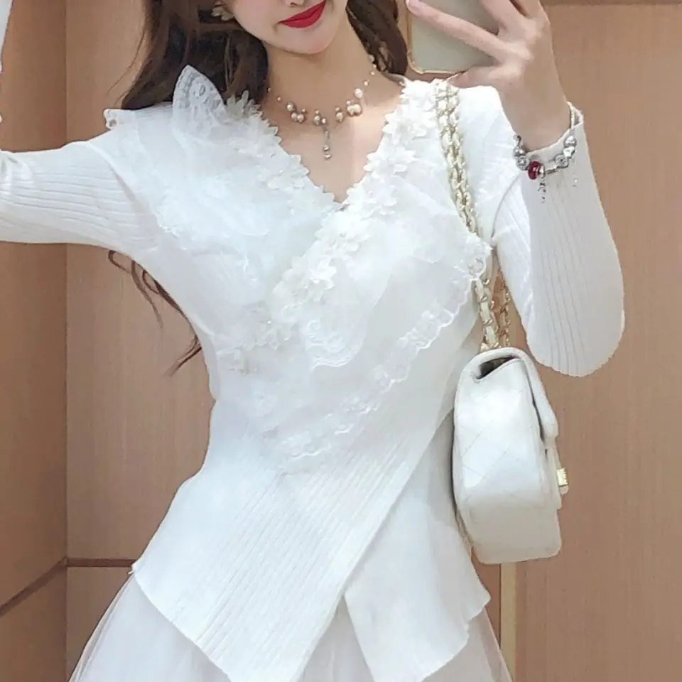 

Fashion Sweaters Women Pullover Heavy Bead Lace Jumper Slim Sweater Sueter De Mujer V-neck Irregular Knit Pullovers Ruffles Tops