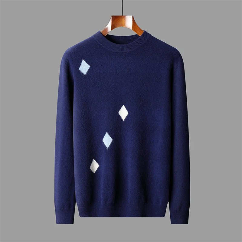 Autumn and winter new 100% pure wool men's round neck business jacquard sweater loose pullover bottoming sweater