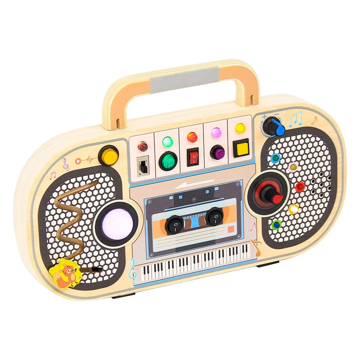 

A44U Wooden Digital Voice Recorder,5 Music Toggle Switchs Toy,Toddler Busy Board with 7 LED Light Toy