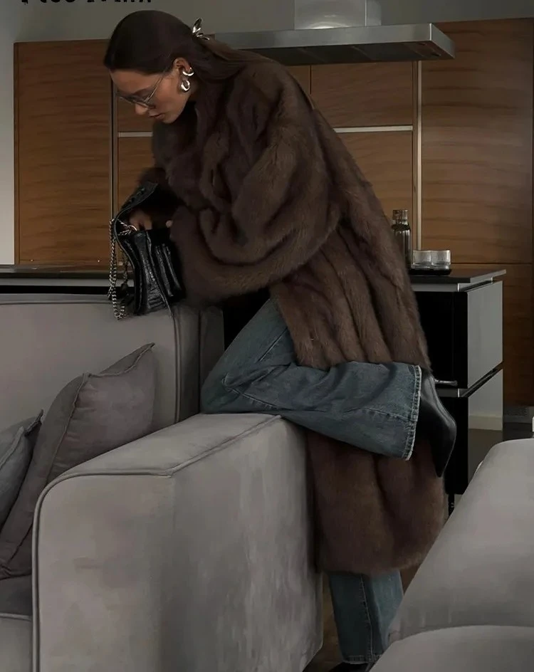 

2025 Winter Women's Neo Mint Gradient Faux Fox Fur Coat Eco Friendly Fluffy Long Jacket Luxury Streetwear