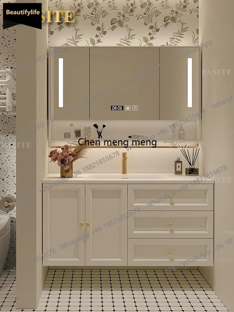 

B567 Французский светлый роскошный шкаф для ванной комнаты Шкаф для ванной комнаты с кремовым ветром Керамическая встроенная раковина Умывальник