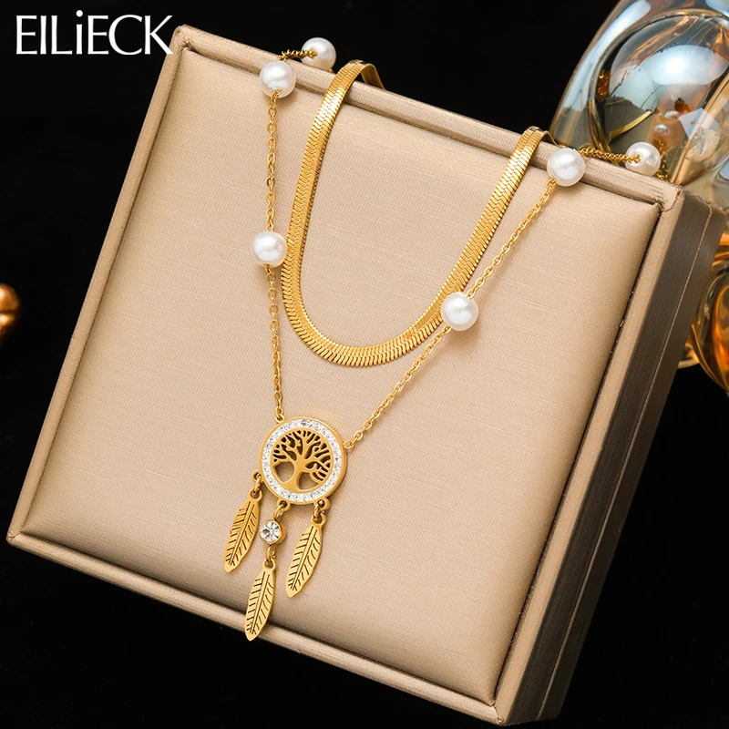 EILIECK 316L Stainless Steel Simple Dreamcatcher Feather Pendant Necklace For Women Fashion 2 IN 1 Neck Chain Jewelry Holiday Gi