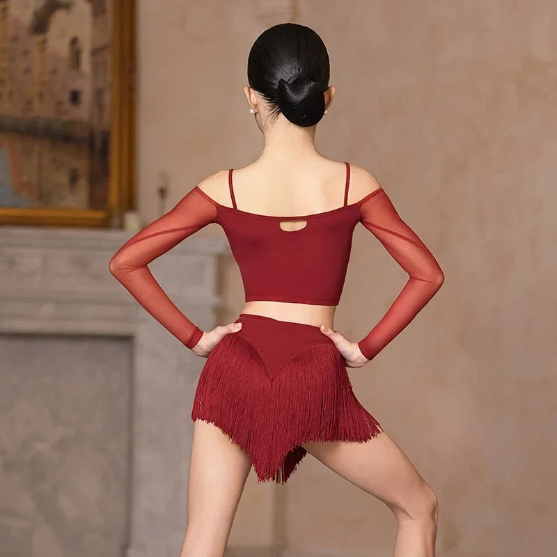 Meisjes Latin Danspak Kinderen Cha Cha Rumba Danswedstrijd Kleding Prestatiekleding Rode Tops Kwastje Rok Oefenset