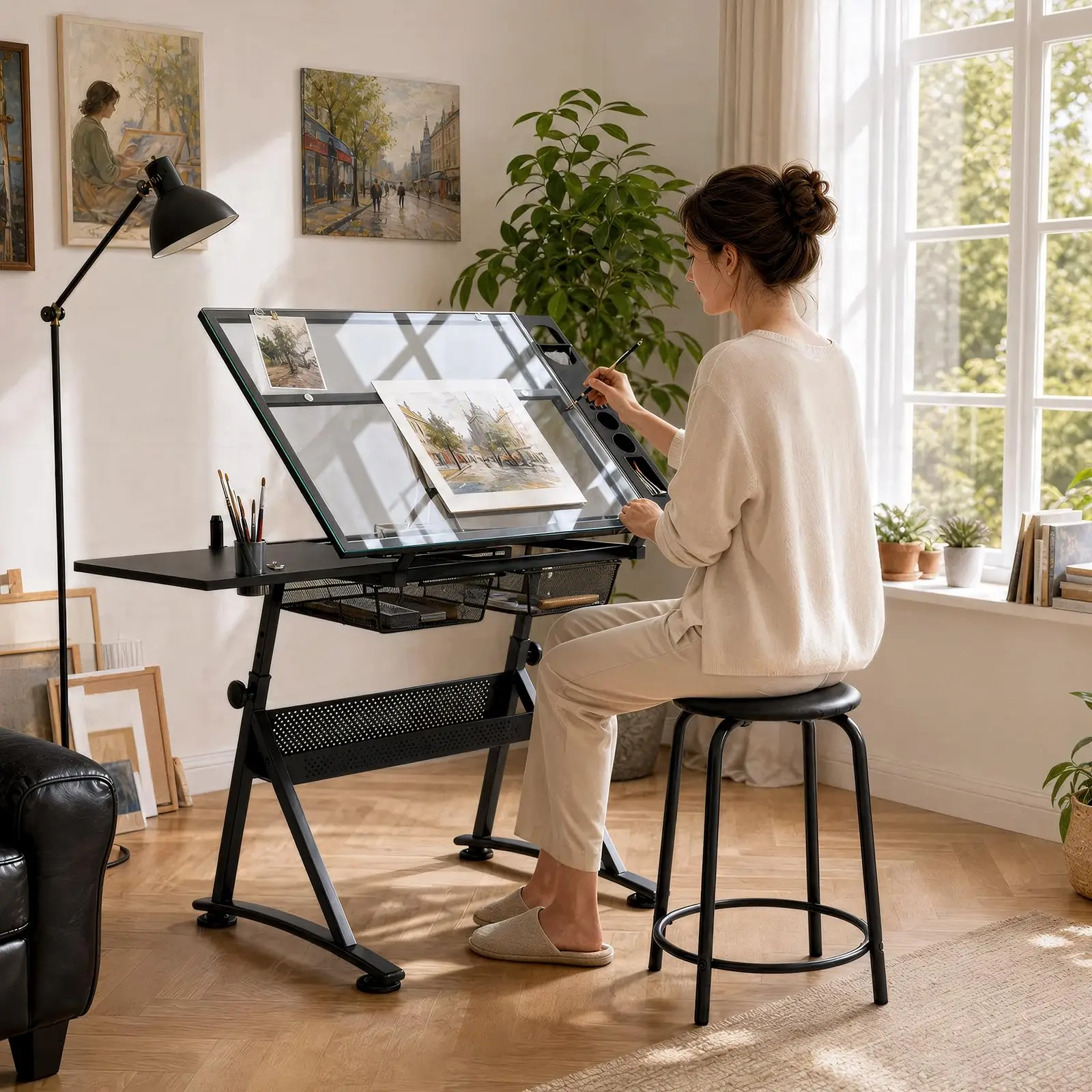 Glass Drafting Table W/Stool, ing Art Desk, Black