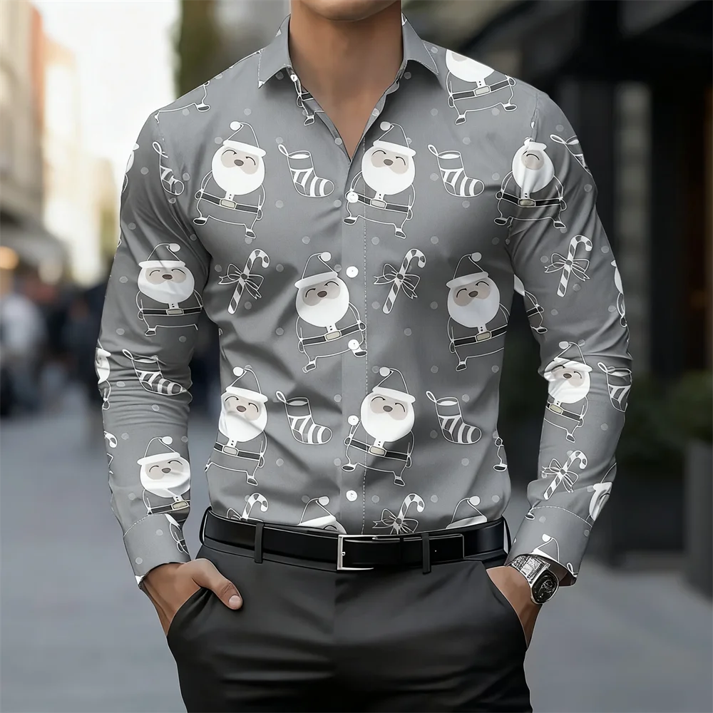 13-color men's Christmas print shirt with Santa Claus and candy cane design, breathable and casual long-sleeved lapel shirt