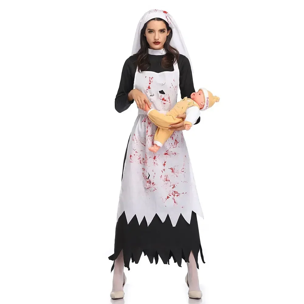 Horror Bloody Nun Kostuum Cosplay Enge Vrouwen Halloween Party Fancy Dress