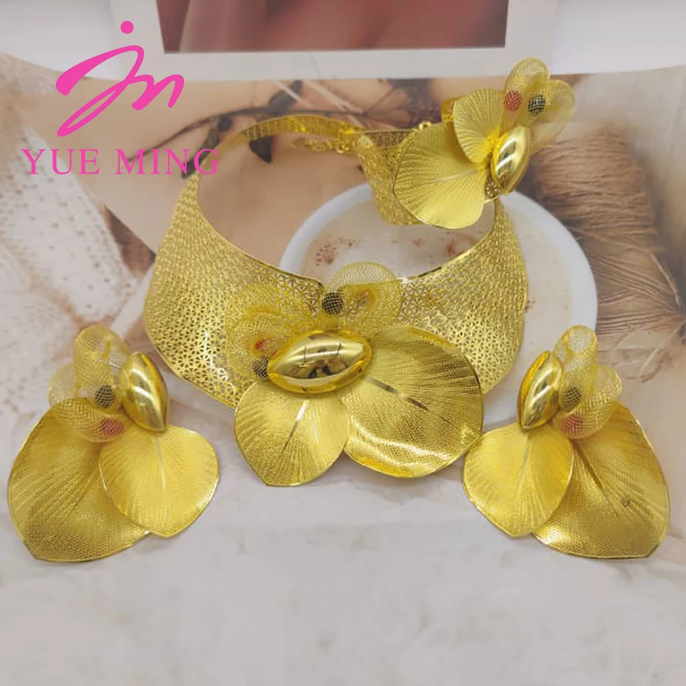 

Dubai Gold Plated Jewelry Set Women's Big Flower Necklace Charm Bracelet Open Ring Luxury Earrings Jewellery Anniversary Gift