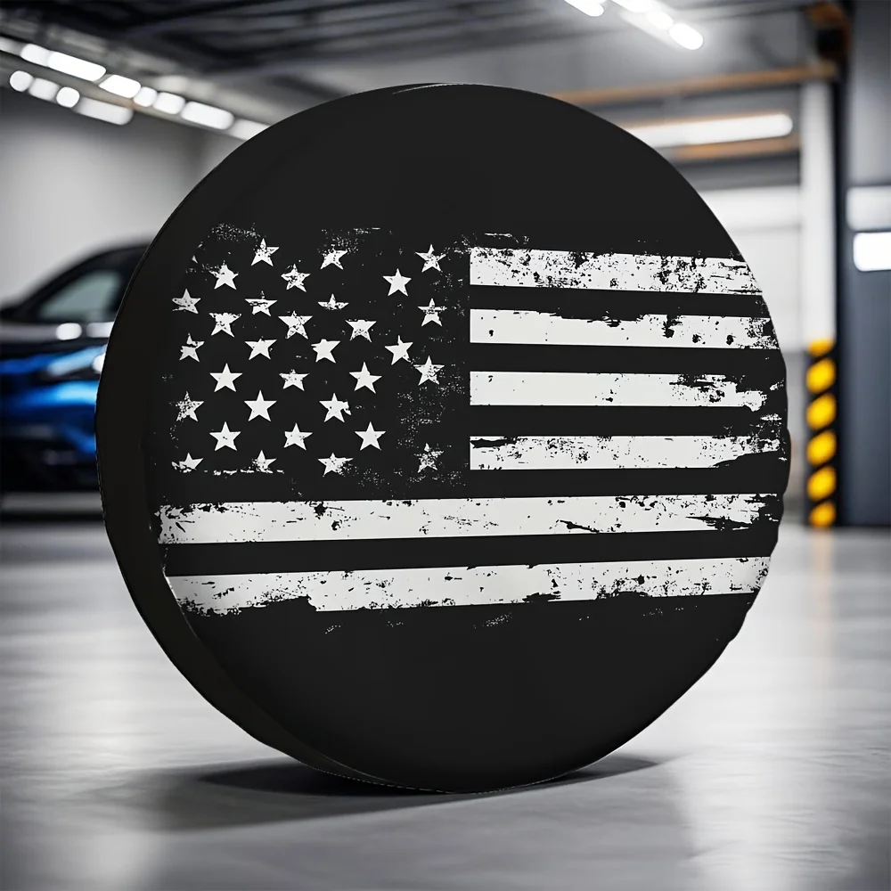 Capa de pneu de carro com bandeira americana patriótica, poliéster adequado, aparência escovada angustiada com design de estrelas e listras, fundo preto, 1 peça