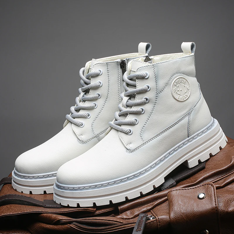 

High top boots for men, British style workwear motorcycle boots, summer black side zipper, mid rise soft leather boots for men