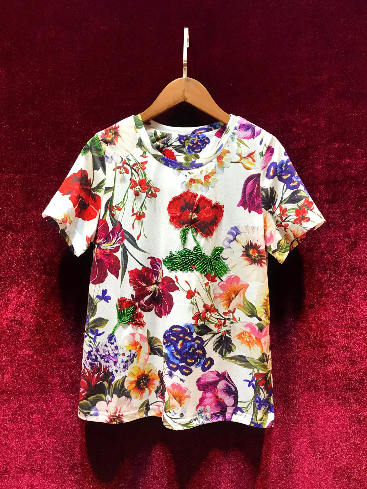 ZAMOR HIGH END European American Heavy Beading Elegant Short Sleeve Print High-End Pattern T-Shirt Women Versatile Top