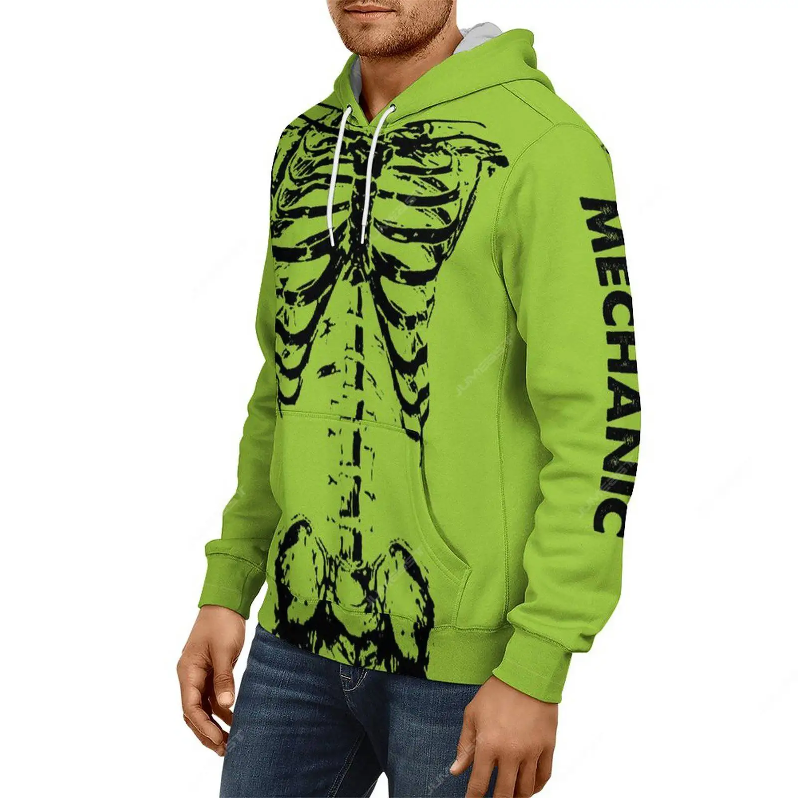 Jumeast Neon Green Mechanical Skeleton Men Zipper Hoodies Dark Academia Horror Women Hooded Sweatshirts Gothic Drip Clothes Coat