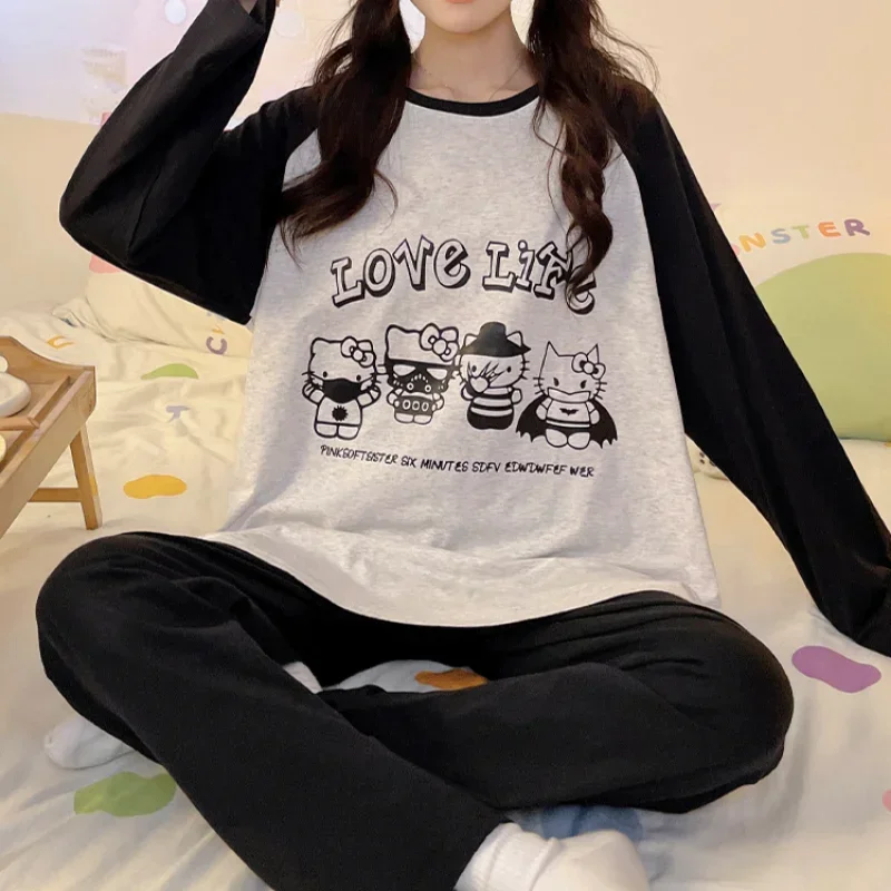 Carton HelloKitty Pajamas Crew Neck Cotton Long Sleeve Pants Casual Two-piece Set Women's Pajamas Homewear Silk Pajamas  Women's