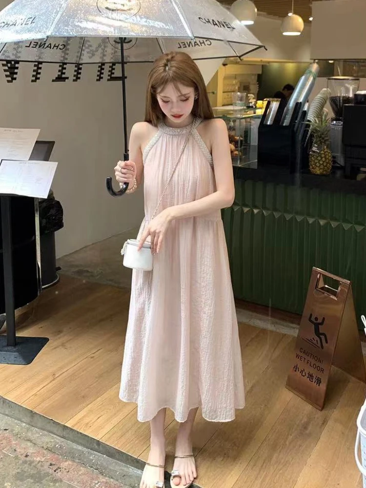 Dresses Women Summer Fashion French Style Simple Pearls Solid Casual Loose Daily Lovely Thin Streetwear Elegant Schoolgirls New