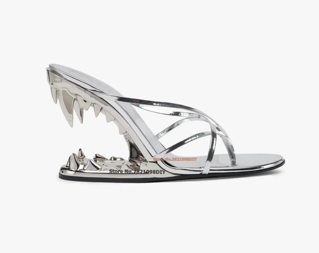 Silver Black Thongs Sandals High Heel Shoes Women 3D Mouth Slip On Heeled Party Shoes Criss-Crossed Flip-Flop Sling