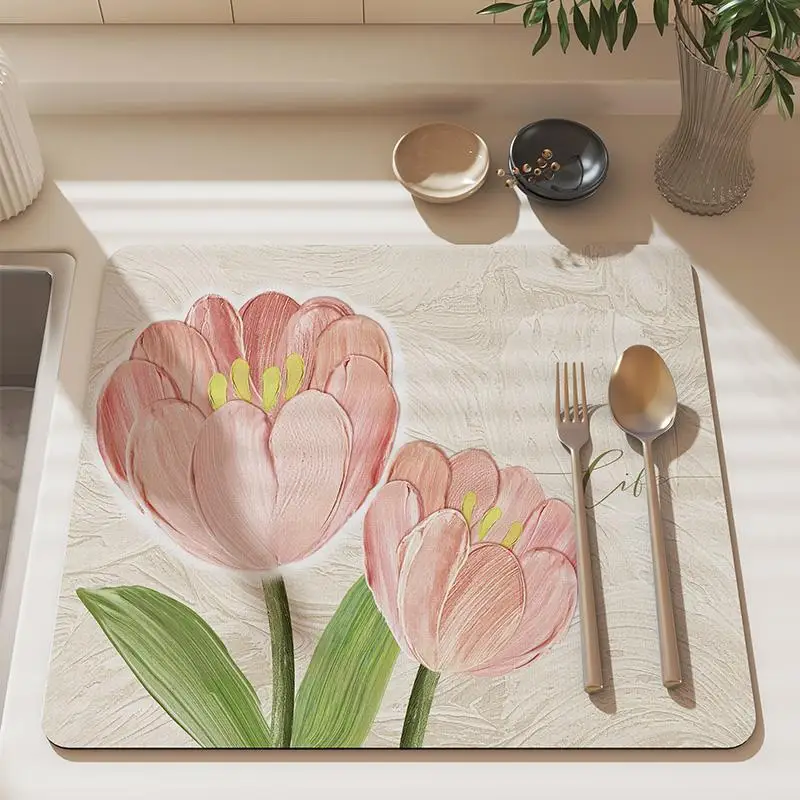 Flower Printed Dish Drying Mat Super Absorbent Coffee Drain Pad Tableware Draining Pad Quick Dry Rug Kitchen Dinnerware Placemat