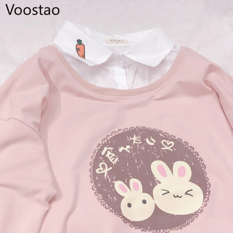 Sweet Loose Lolita Sweatshirt Spring Women Cute Fake Two Pieces Korean Cartoon Rabbit Print Hoodies Girly Autumn Pullover Tops