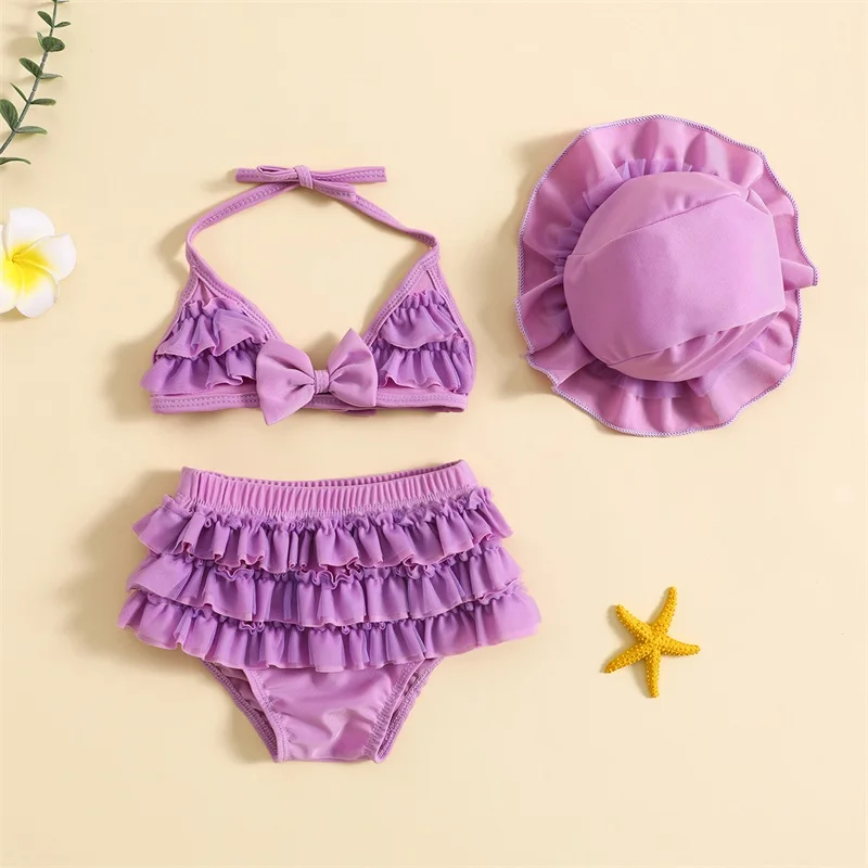 0-24M Fashion Summer Newborn Baby Girls Swimwear Bikini Set Cute Bow Droop Neck Tops+Layered Ruffles Shorts+Hat Beachwear