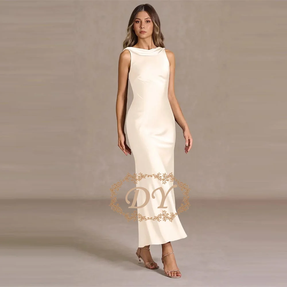 DY Satin Damen Maxikleid Elegantes Ärmelloses Kleid mit Schwingkragen Abendkleider Damen-Outfits Robe Maßgeschneidert