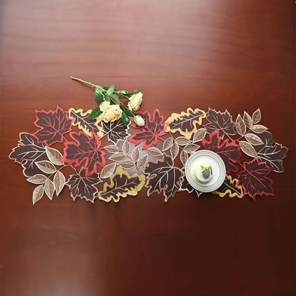 Rustic Maple Leaf Embroidered Table Runner Multicolor Hollow Dinner Mat Leaf Pattern Table Mat Farmhouse Dining
