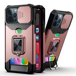 Military Slide Camera Lens Protection Wallet Card Kickstand Case For iPhone 15 14 13 12 11 Pro Max X XR XS 8 7 Plus Armor Cover
