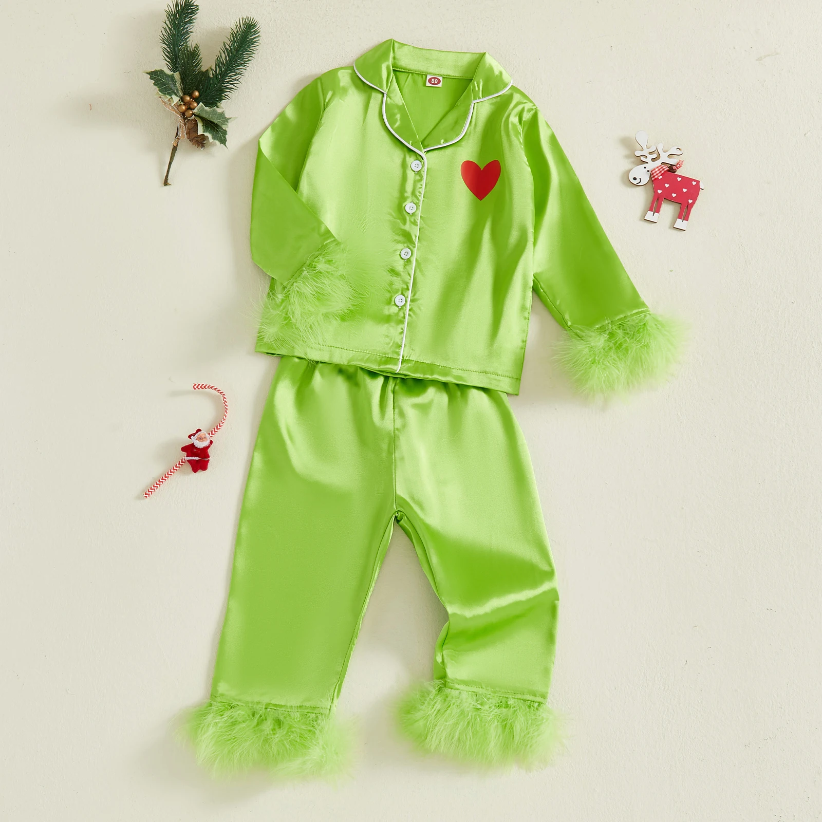 

2026 New Years Kid Christmas Satin Pajamas Set Heart Print Long Sleeve Lapel Button Down Tops with Pants Feather Cuffs Sleepwear