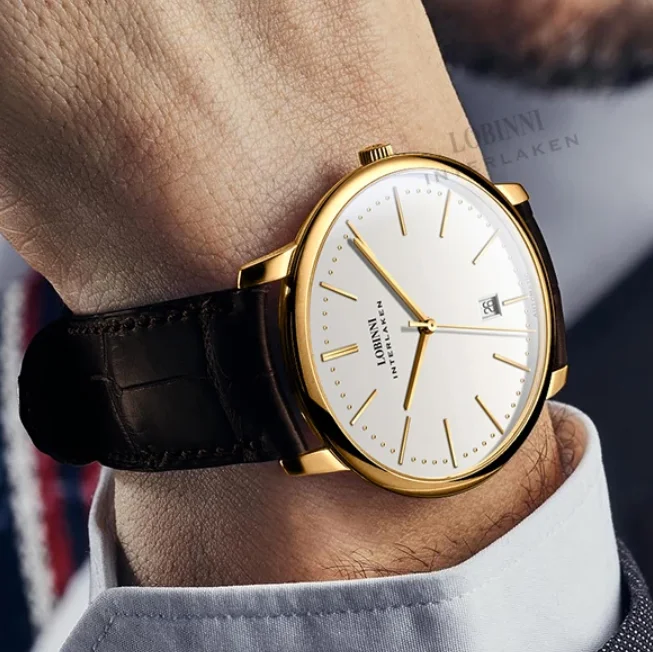 LOBINNI ساعة أوتوماتيكية للرجال 39.8 ملم ساعة يد ميكانيكية عتيقة رفيعة للغاية 50 متر مقاومة للماء مرآة الياقوت ST17 Mov.