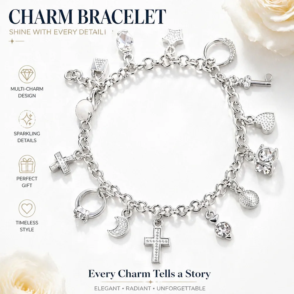 Silver Tone Charm Bracelet For Women, 13 Pendants Zinc Alloy Jewelry, Vintage Cross Heart Star Moon Lucky Gift view 2