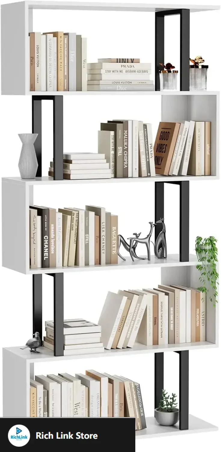 

5 Tier Geometric Bookcase,S Shaped Bookshelf, Wood Decorative Storage Shelving, Modern Freestanding Display Shelves