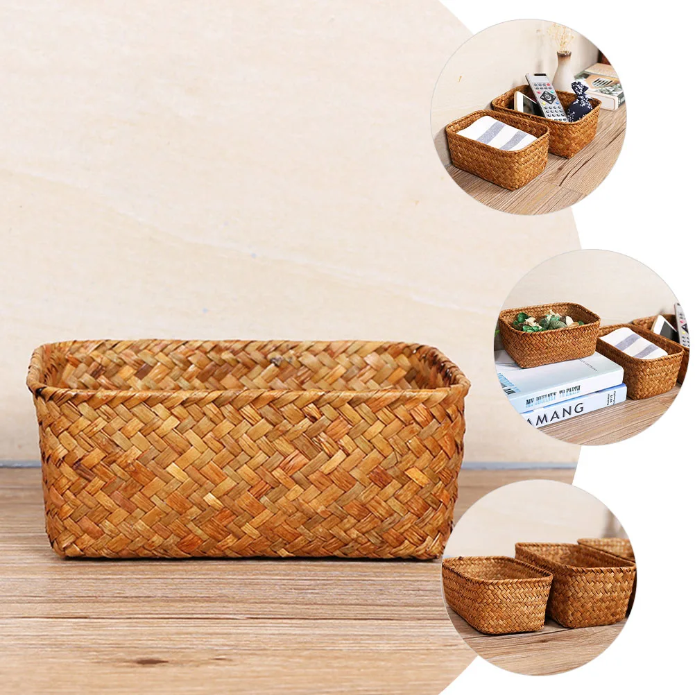 

Desktop Storage Basket Natural Seagrass Woven Organizer Box For Home Bathroom Bedroom Makeup Cables Accessories Sundry Storage