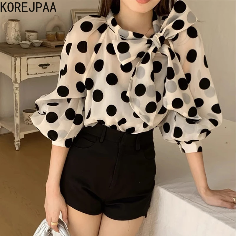 Korejpaa Korean Chic Blouses Women 2024 Spring New French Retro Round Neck Lace Up Bow Shirts Lantern Sleeves Polka Dot Shirt