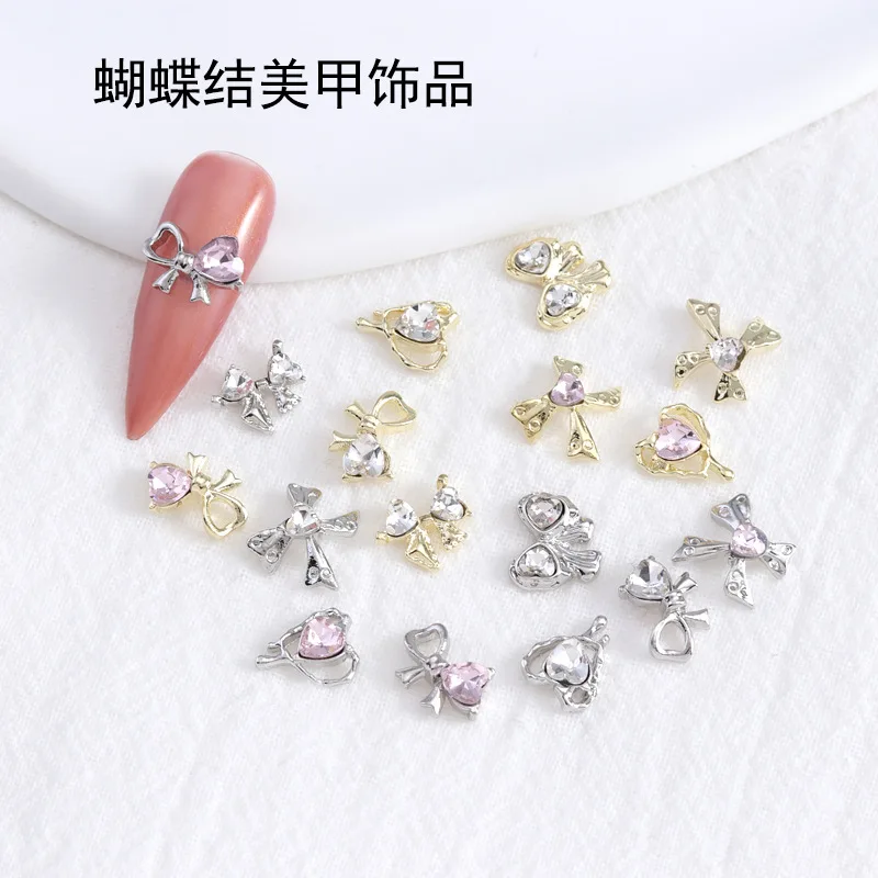 

10pcs/Nail metallic, alloy bow jewelry, versatile gold and silver bow tie, streamers with love nails, embellishments