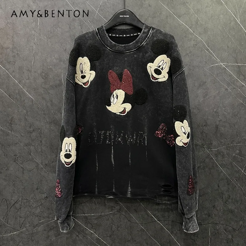 Autumn Heavy Industry New Style Distressed Embroidered Cartoon Crew Neck Sweatshirt Women's Loose Casual Versatile Pullovers Top