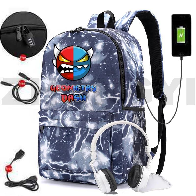 Angry Geometry Dash USB Charging Backpack Game Geometry Dash Anti Theft Big School Bags for Girls Men Laptop Business Mochila