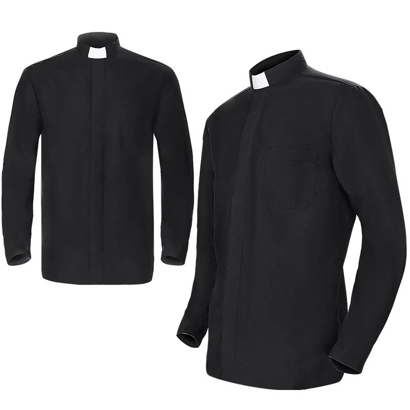Chemise noire à manches longues pour hommes, jeu de rôle missionnaire d'halloween, prêtre Cosplay, col montant Simple