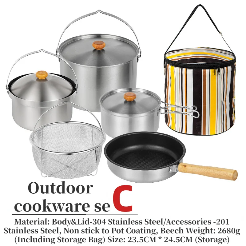 NOBANA Newest A B C Outdoor Stainless Steel Pot Set Camping Family Set 5L Portable Picnic Soup Pot Frying Steaming Household Pot