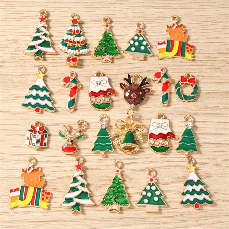 10 Stück gemischte Emaille-Weihnachtsbaum- und Rentier-Anhänger für Schmuckherstellung, Ohrhänger, Halsketten, Armbänder, DIY-Bastelzubehör – Detail 1