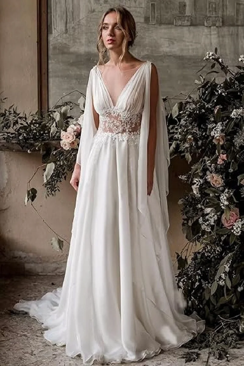 

Women's V Neck Wedding Dress for Bride Lace Appliques Boho Wedding Dress with Ribbons Bridal Gown