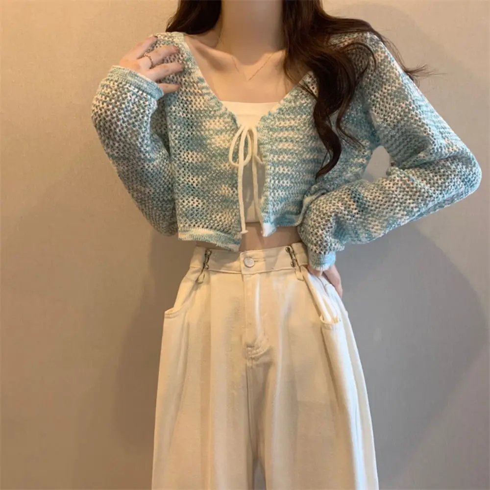 

Sweet Gradient Lace Up Cardigan Long Sleeves See Through Hollow Crochet Cardigan Shawl V-neck Knitted Crochet Crop Top Women