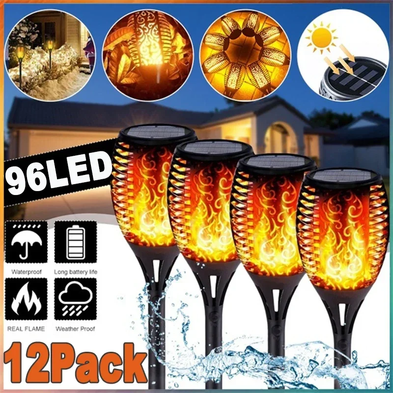 12/33/72/96LED Solar Flame Torch Lights Flickering Light Waterproof Garden Decoration Outdoor Lawn Path Yard Patio Floor Lamps