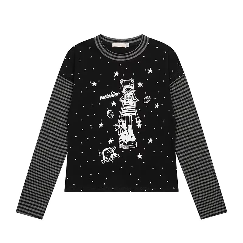 

Y Demo Y2K Subculture Cartoon Girl Printing Two-Piece Striped Long Sleeve T-Shirt Women Cute Slim Tee