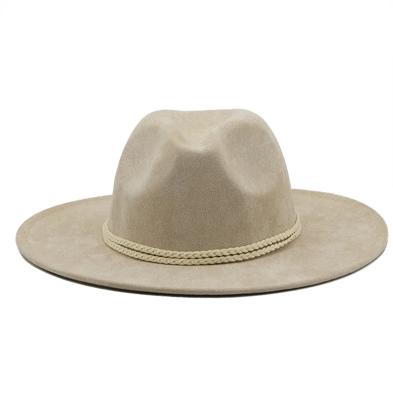 New Suede Fedora Hats for Women 8cm Wide Brim Panama Western Cowboy Hat Winter Jazz Church Sombrero Caps