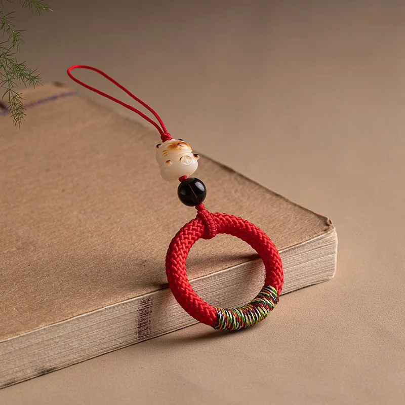 Ring Buckle Mobile Phone Chain Hanging Decoration Lucky Cat Car Keychains Hand Woven Rope Wrist Style For Men And Women
