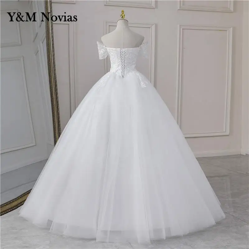 Y & m novias vestido de casamento personalizado manga boné moda elegante barco pescoço fora do ombro princesa renda bordado vestidos de baile de noiva