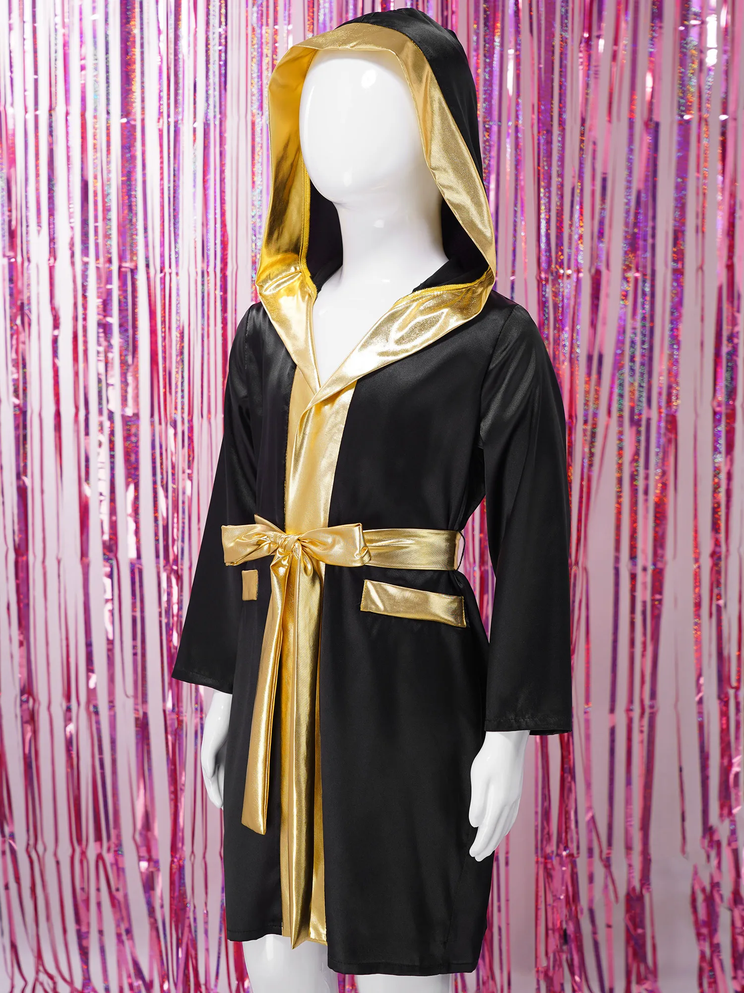 Robe de boxe à manches longues avec ceinture pour garçons, costume de cosplay de fête d'Halloween, devant ouvert, garniture métallique, capuche en satin, Everak, enfants