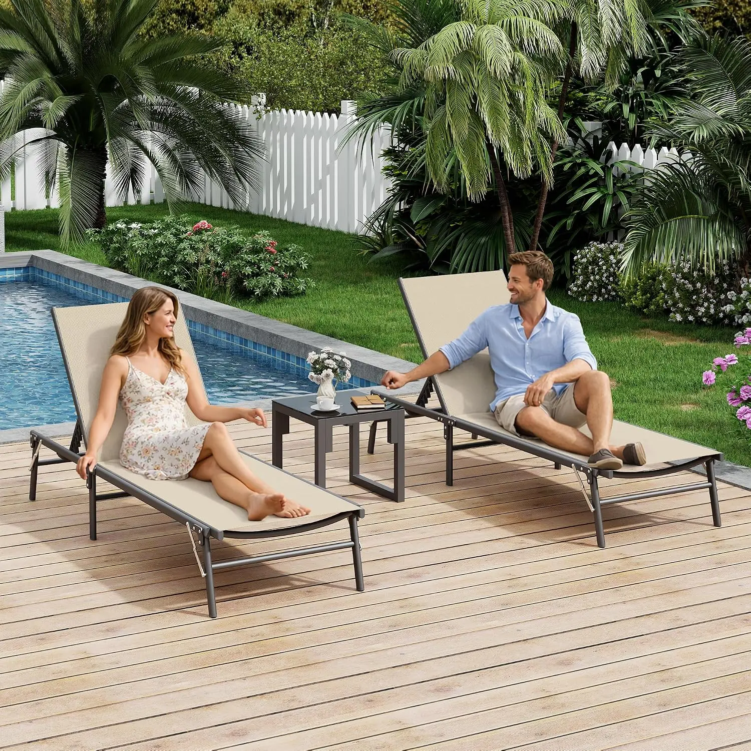Foldable Patio Lounge Chair Sets with Side Table, No Assembly Outdoor Chaise Lounge with 5-Positions, Poolside, Customized