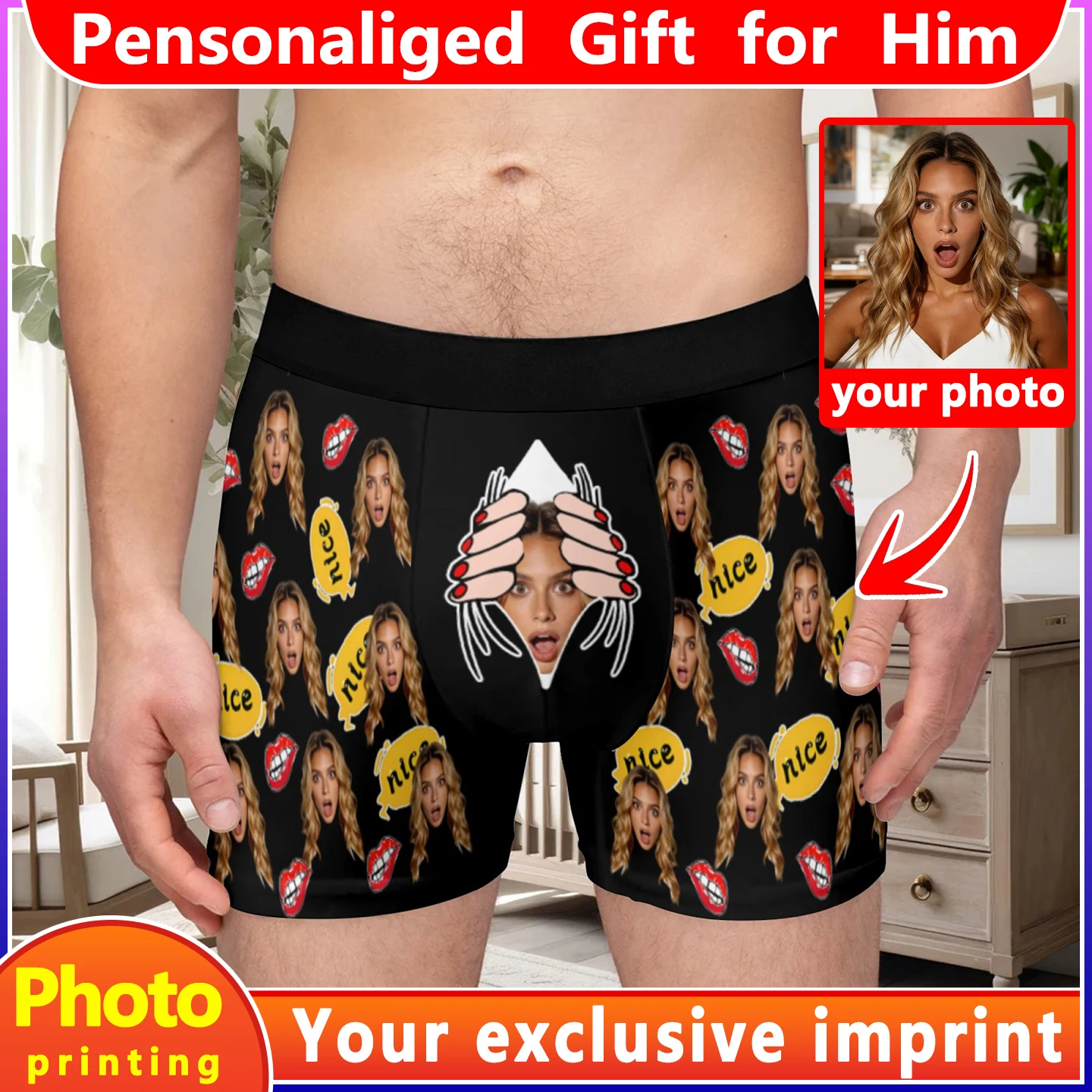 

Персонализированное нижнее белье с фотографией лица, трусы-боксеры с сердечками на заказ, мужской подарок на день Святого Валентина для мужа, годовщины