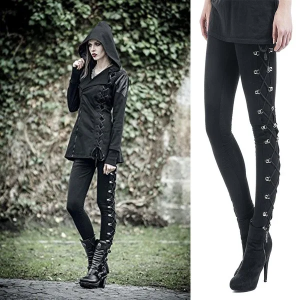 Gothic Punk Lace-Up Leggings Hip Lift High Waist Pants European & American Casual Cropped Pencil Tights Women's Fashion Trousers